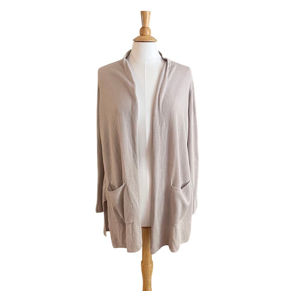 Ann Taylor LOFT Light Gray Linen Blend Long Open Cardigan, Minimalist, Size M